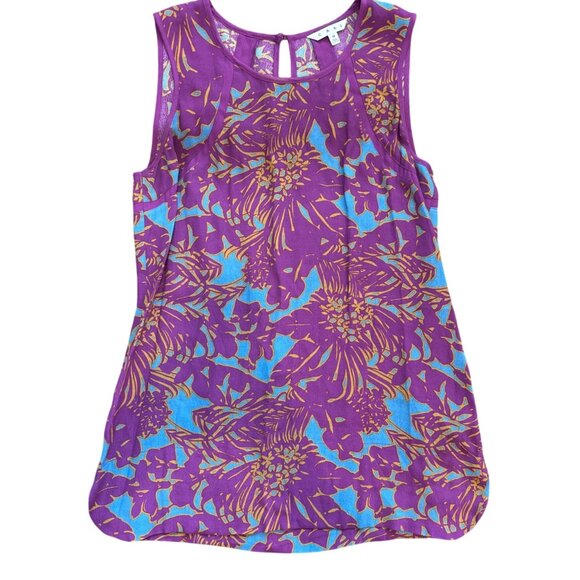 Cabi Womens Top M Sleeveless Purple Blue Floral Tank Keyhole Back - Picture 1 of 7